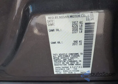 2017 Nissan Altima 2.5 Sv from USA, damaged, VIN 1N4AL3AP6HC152731